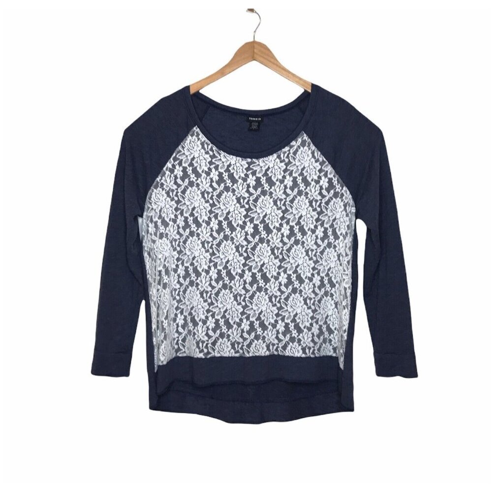 Torrid Womens Size 1 US 1X Lace Overlay Top Hi Lo Blue‎ Raglan Sleeve Stretch